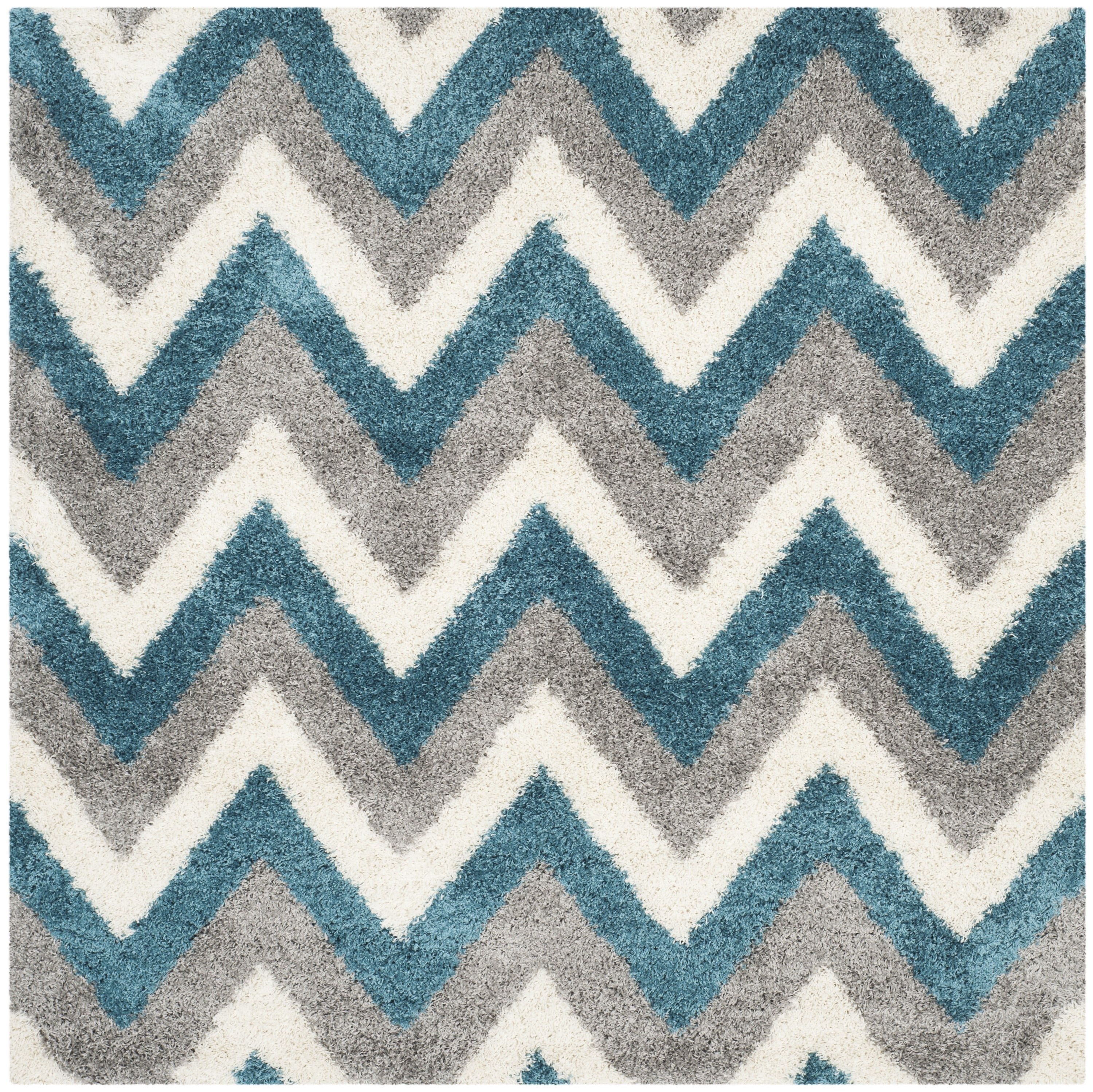 Ivory and Blue Chevron Kids Shag Square Rug