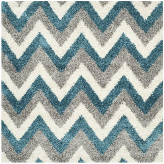 SAFAVIEH Willis Zigzag Stripes Kids Shag Area Rug, Ivory/Blue, 4' x 4' Square