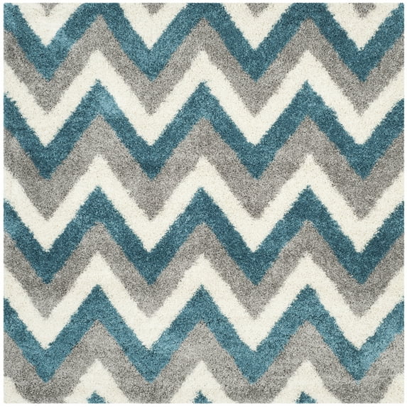 SAFAVIEH Willis Zigzag Stripes Kids Shag Area Rug, Ivory/Blue, 4' x 4' Square