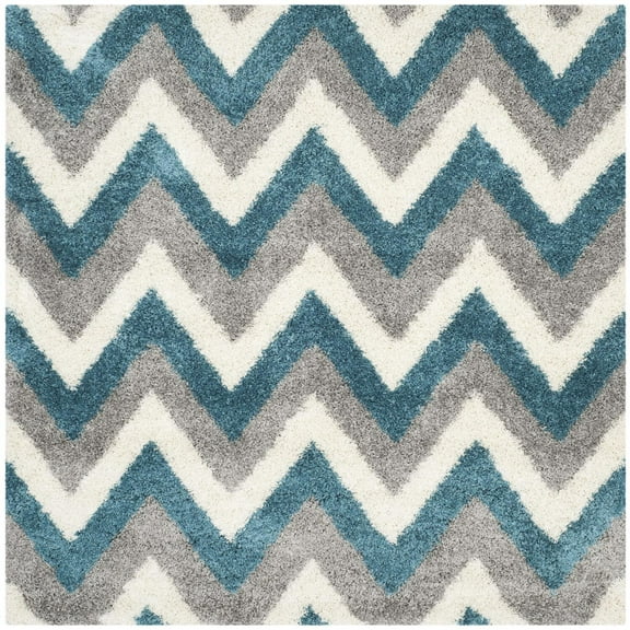 SAFAVIEH Willis Zigzag Stripes Kids Shag Area Rug, Ivory/Blue, 6'7" x 6'7" Square
