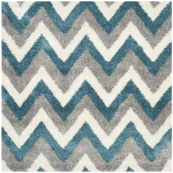 SAFAVIEH Willis Zigzag Stripes Kids Shag Area Rug, Ivory/Blue, 6'7" x 6'7" Square