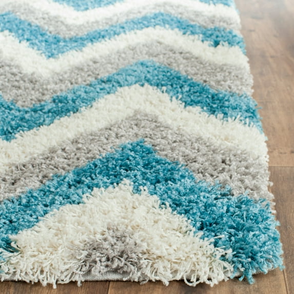 SAFAVIEH Willis Zigzag Stripes Kids Shag Runner Rug, Ivory/Blue, 2'3" x 9'