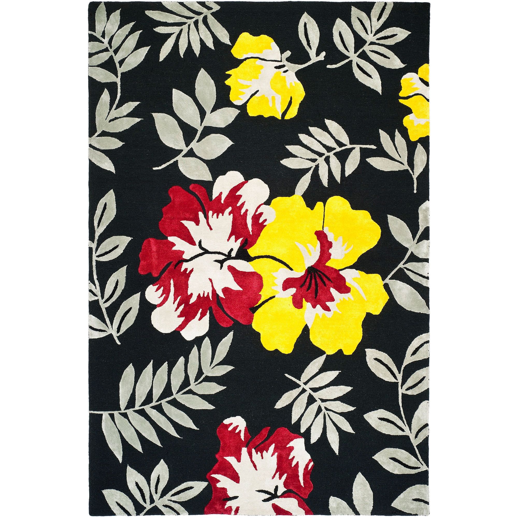 Handmade Black Floral Wool and Viscose 5' x 8' Rug