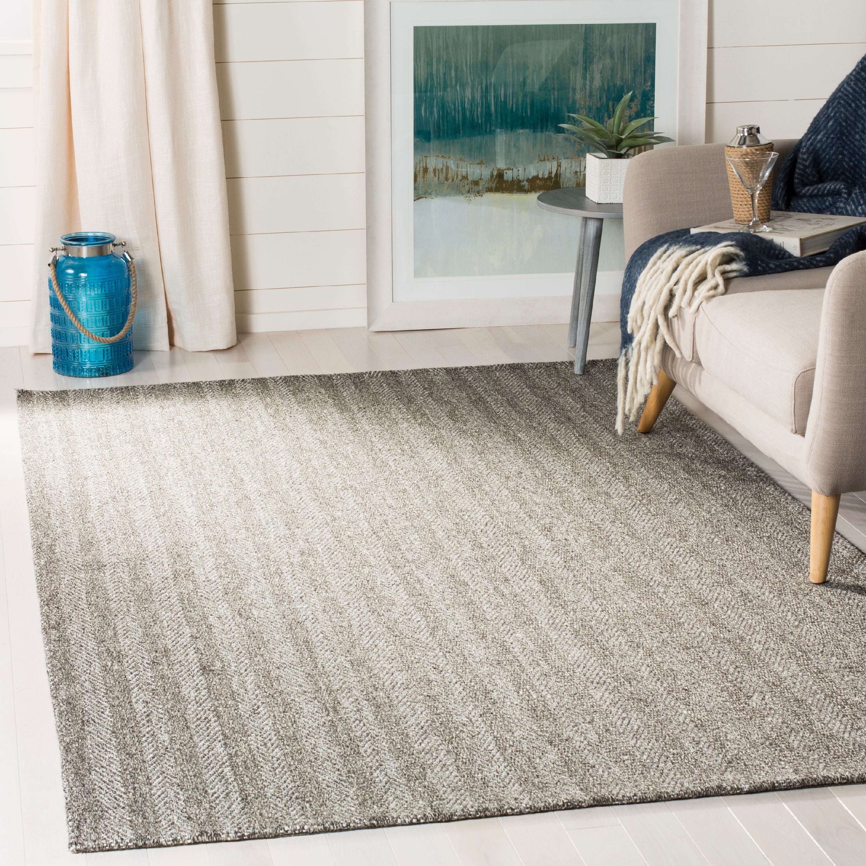 Gray and Ivory Hand-Knotted Wool Striped 4' x 6' Rug
