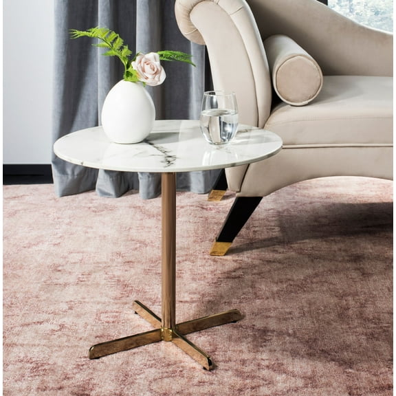 SAFAVIEH Winnie Round Glam Side Table, White Marble/Brass