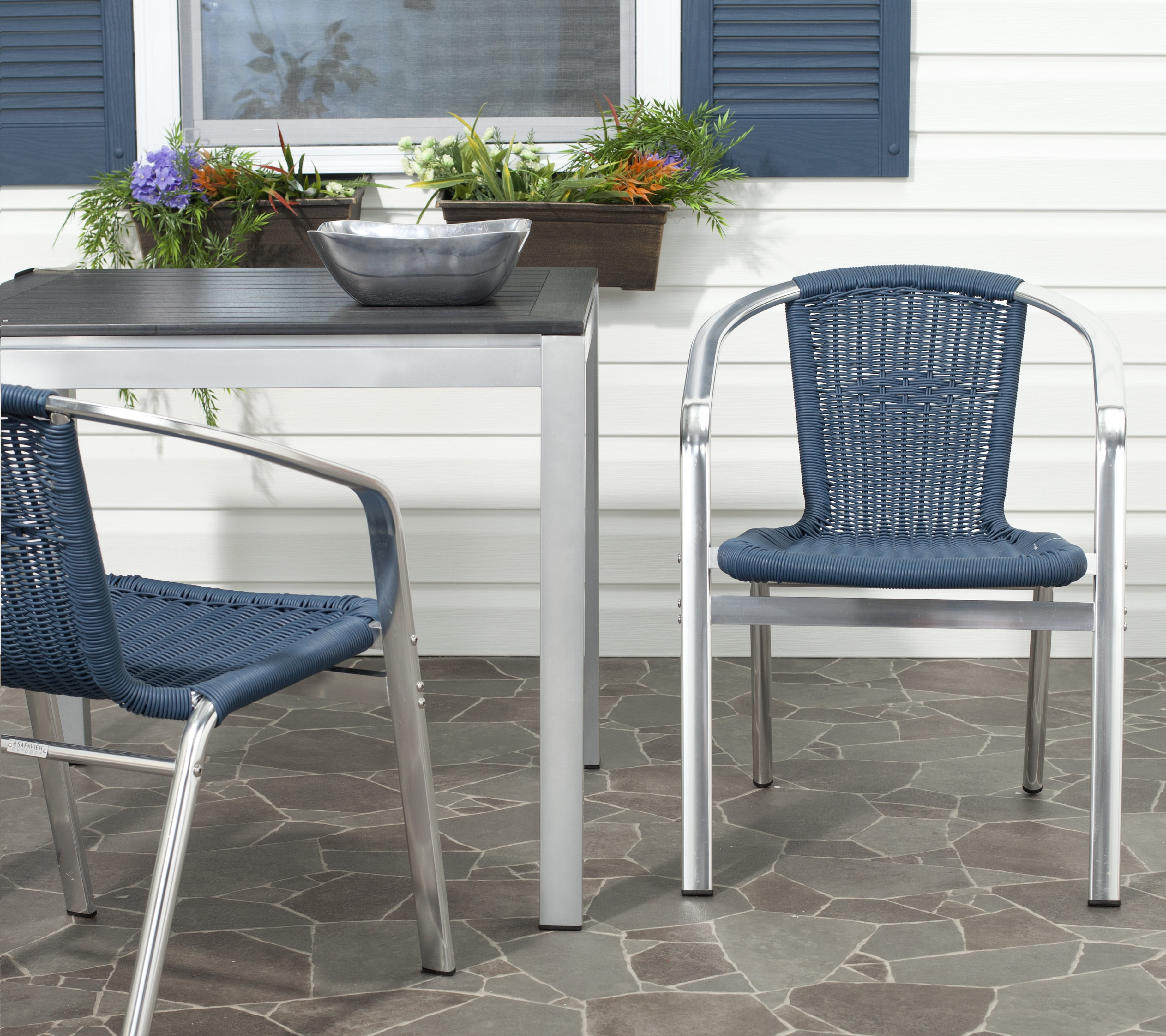 Teal Wicker and Aluminum Stackable Arm Chairs, Set of 2