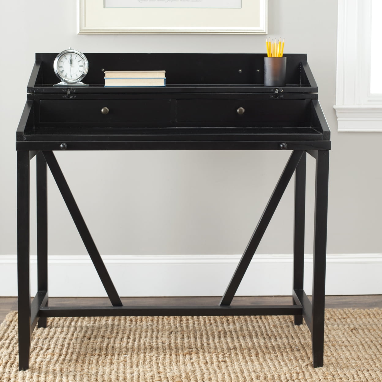 Wyatt Black Pine Wood Writing Desk with Adjustable Height