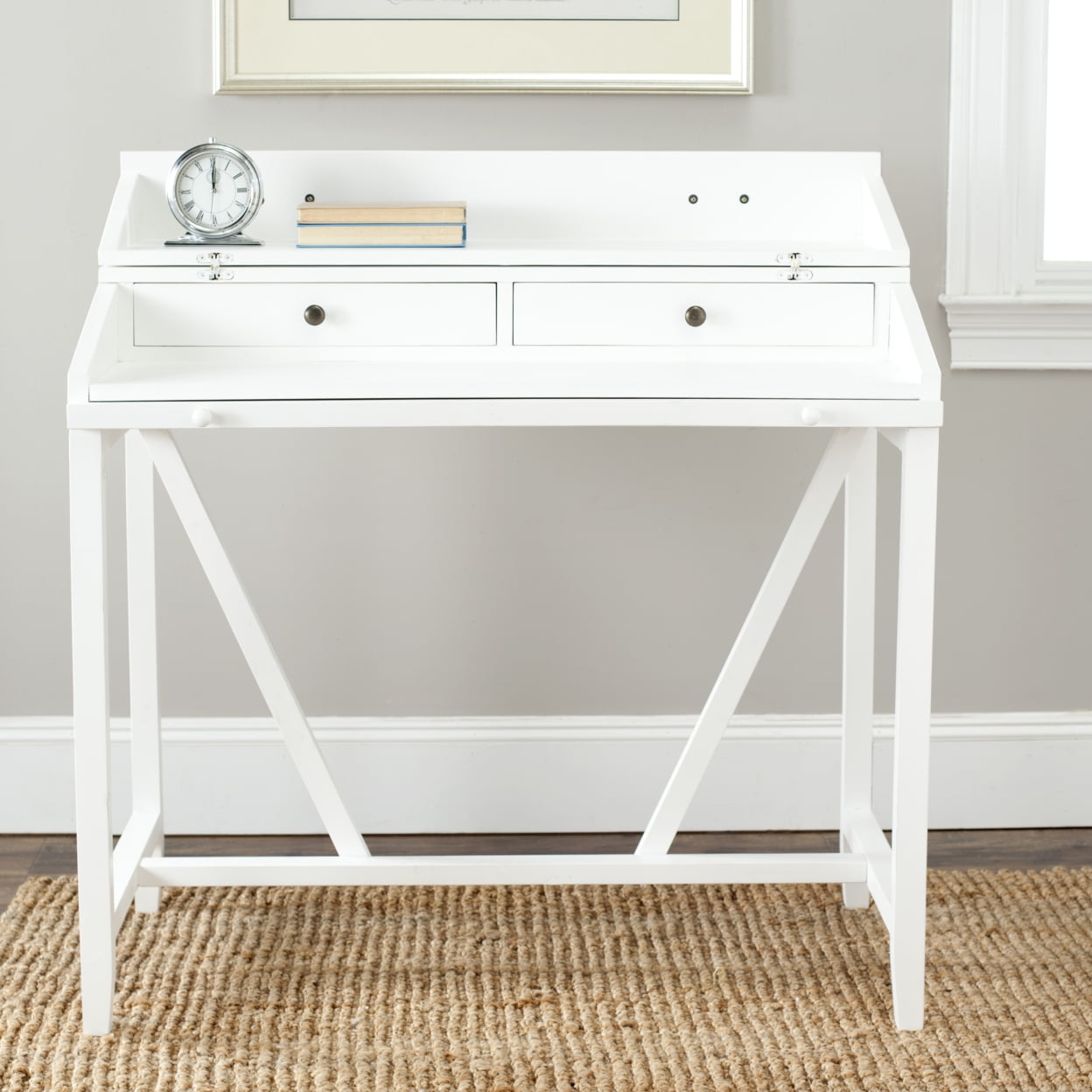 White Wood Transitional Desk with Drawers and Hutch