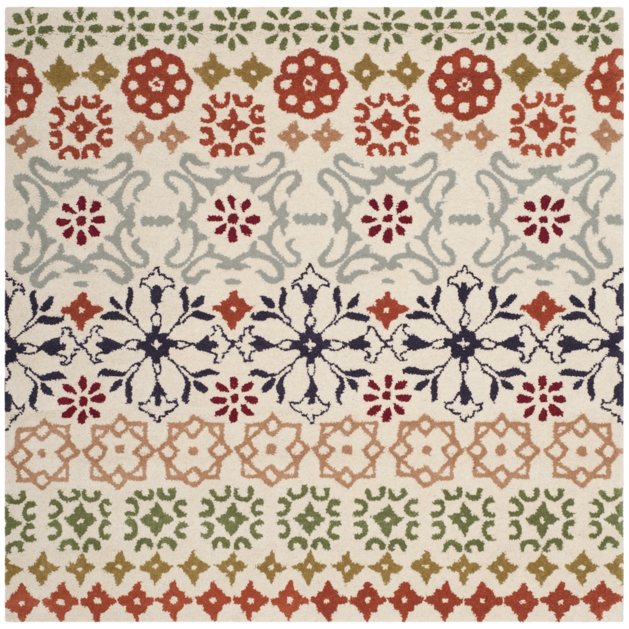 Ivory Floral Hand-Tufted Wool Square Area Rug, 5' x 5'
