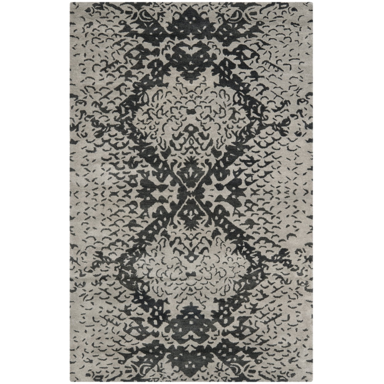 Gray and Black Handmade Wool Floral Area Rug