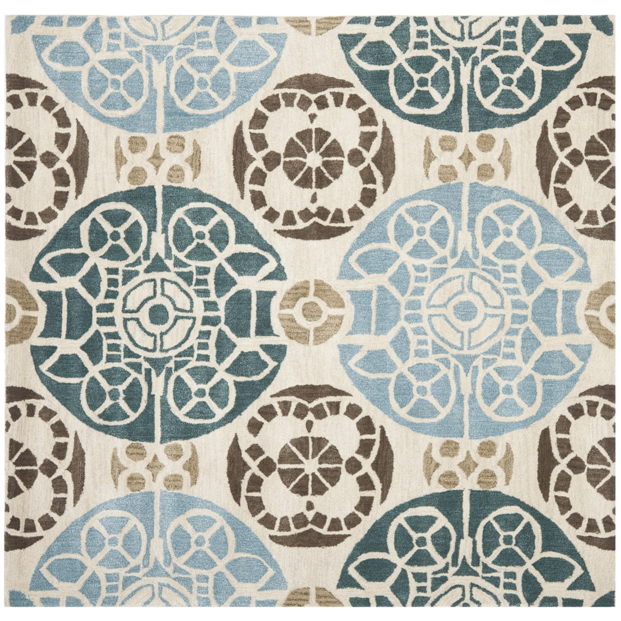 Hand-Tufted Beige and Blue Wool Square Area Rug