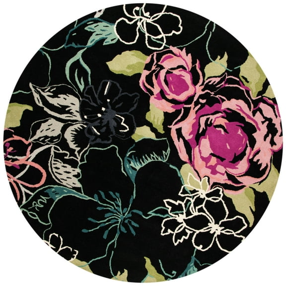 SAFAVIEH Wyndham Mira Floral Rose Wool Area Rug, Black/Multi, 7' x 7' Round