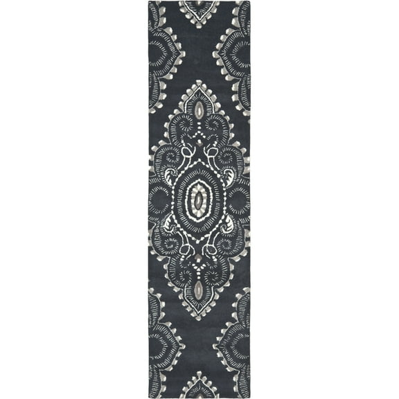 SAFAVIEH Wyndham Pompeii Damask Wool Runner Rug, Dark Grey/Ivory, 2'3" x 9'