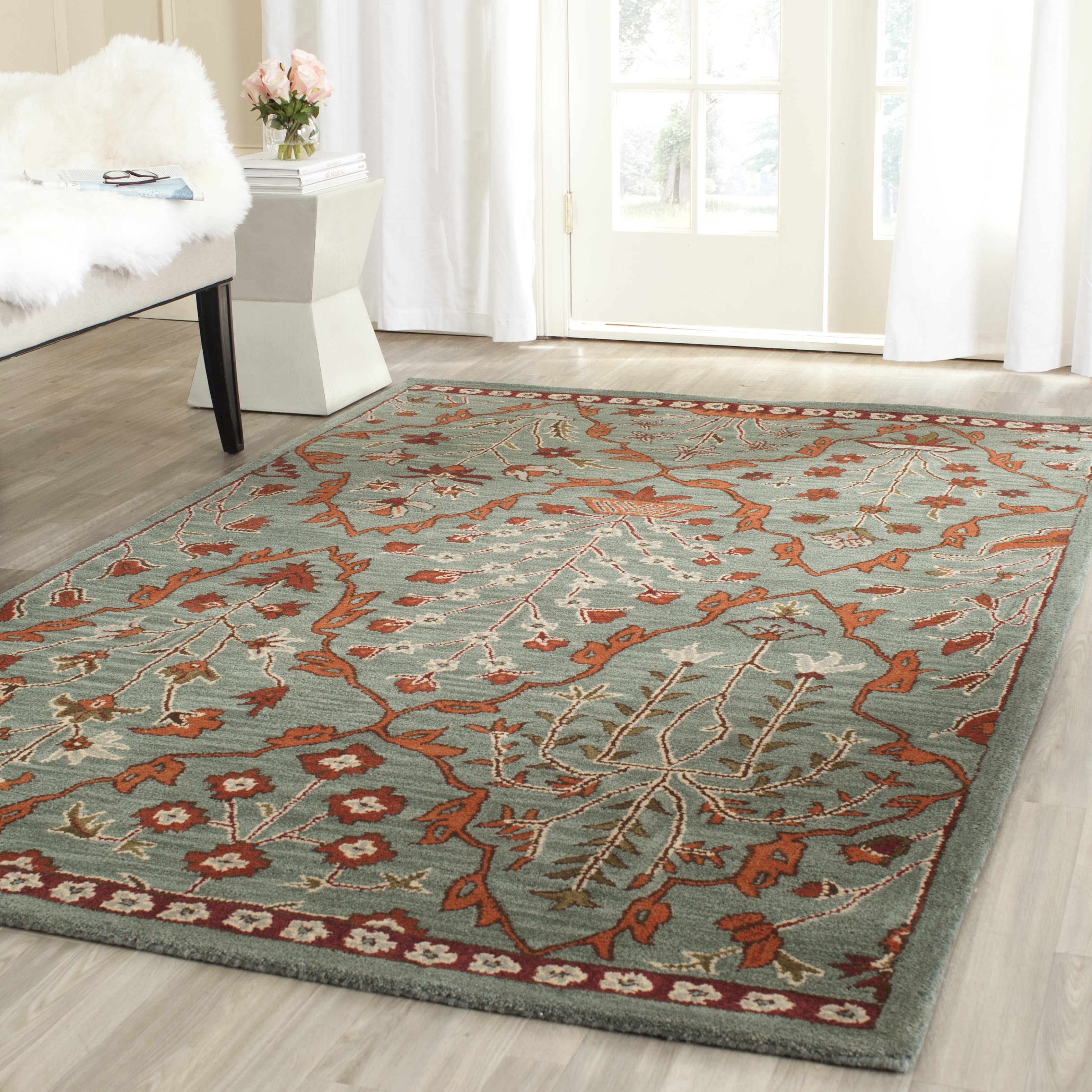 Handmade Wyndham Floral Geometric Blue Wool Area Rug 9' x 12'