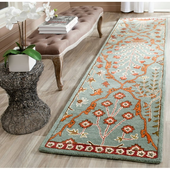 SAFAVIEH Wyndham Thurstan Floral Geometric Wool Runner Rug, Blue/Rust, 2'3" x 9'
