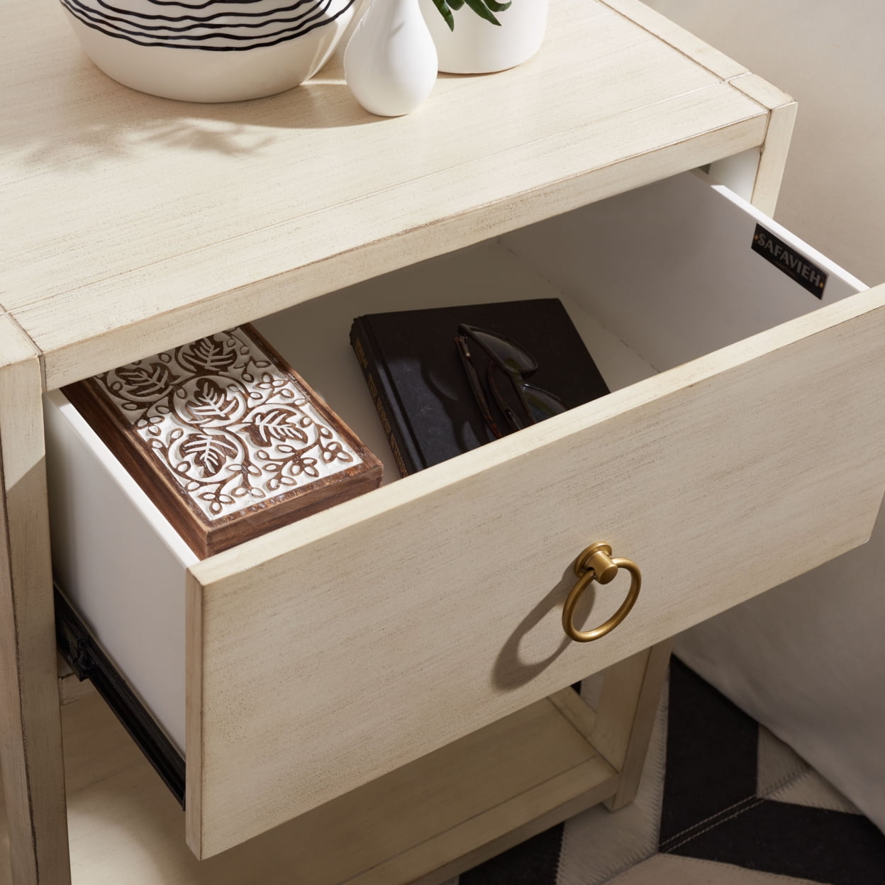 Antique White Acacia Wood Nightstand with Gold Accents