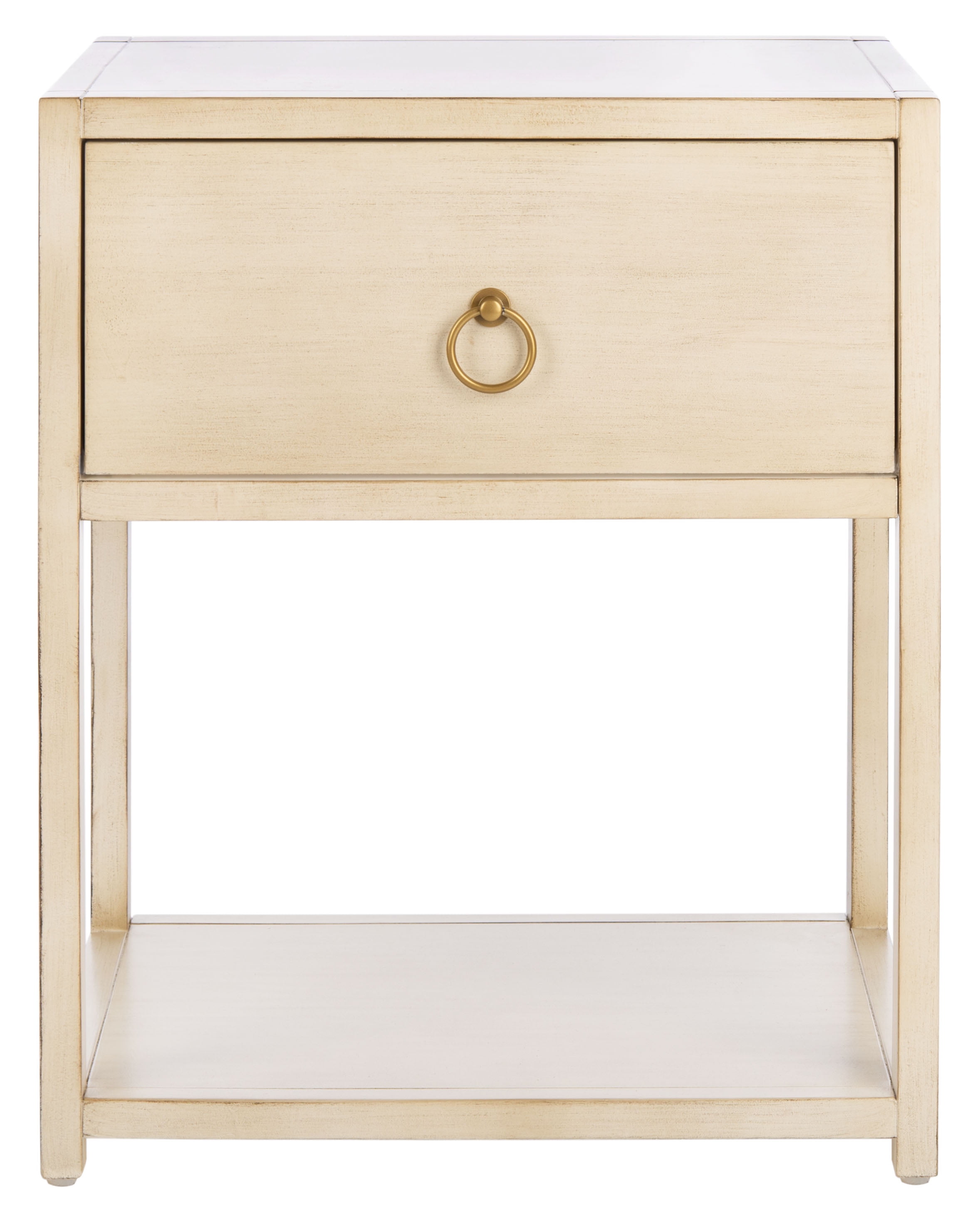 Antique White Acacia Wood Nightstand with Gold Accents
