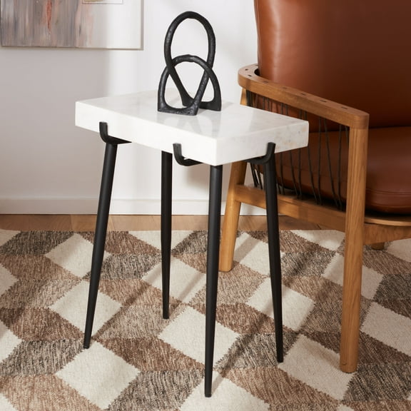 SAFAVIEH Yuki Mid-Century Stone Top Accent Table, White Marble/Black