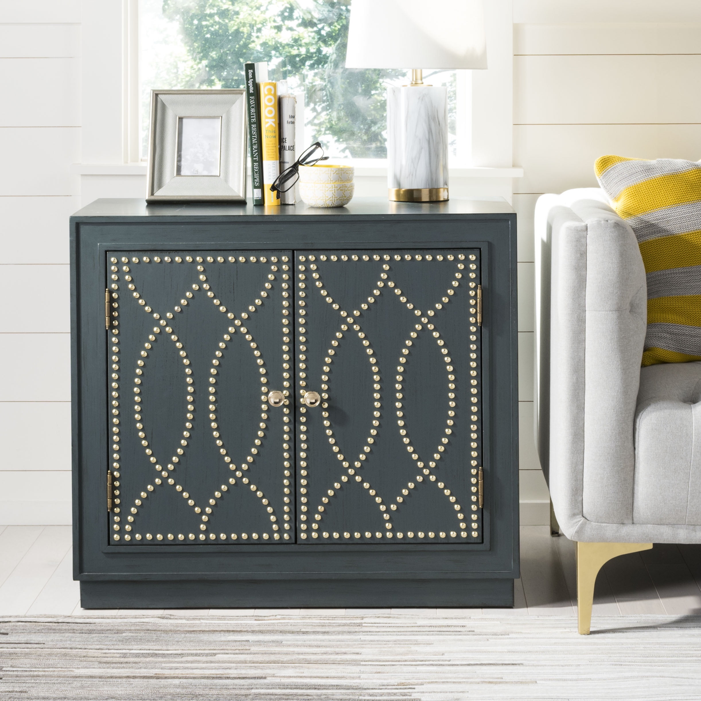 Steel Teal and Gold 2-Door Accent Cabinet with Mirror Panels