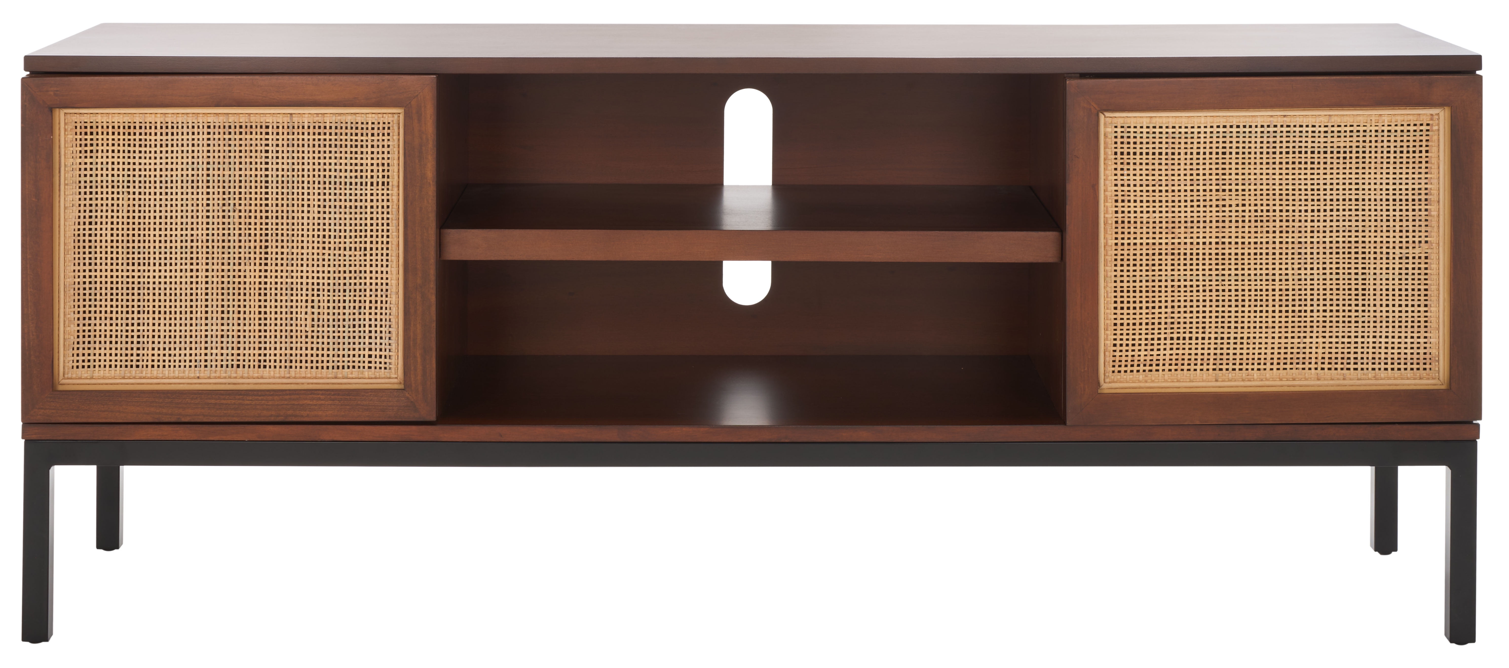 Walnut and Natural Rattan 2-Shelf TV Stand with Cabinet