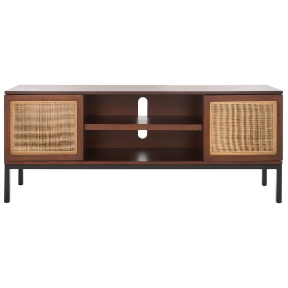 SAFAVIEH Zadie 1 Shelf Rattan Media Stand, Walnut/Natural (54 in. W x 15 in. D x 22 in. H)