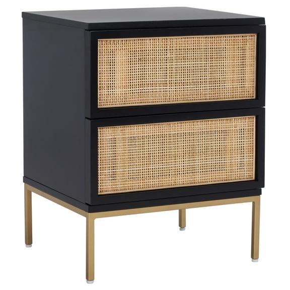 SAFAVIEH Zadie 2 Drawer Rattan Nightstand, Black w/ Natural Rattan/Gold Legs