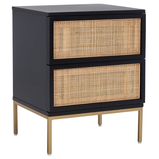 SAFAVIEH Zadie 2 Drawer Rattan Nightstand, Black w/ Natural Rattan/Gold ...