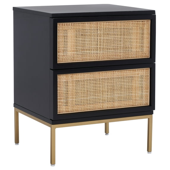 SAFAVIEH Zadie 2 Drawer Rattan Nightstand, Black w/ Natural Rattan/Gold Legs