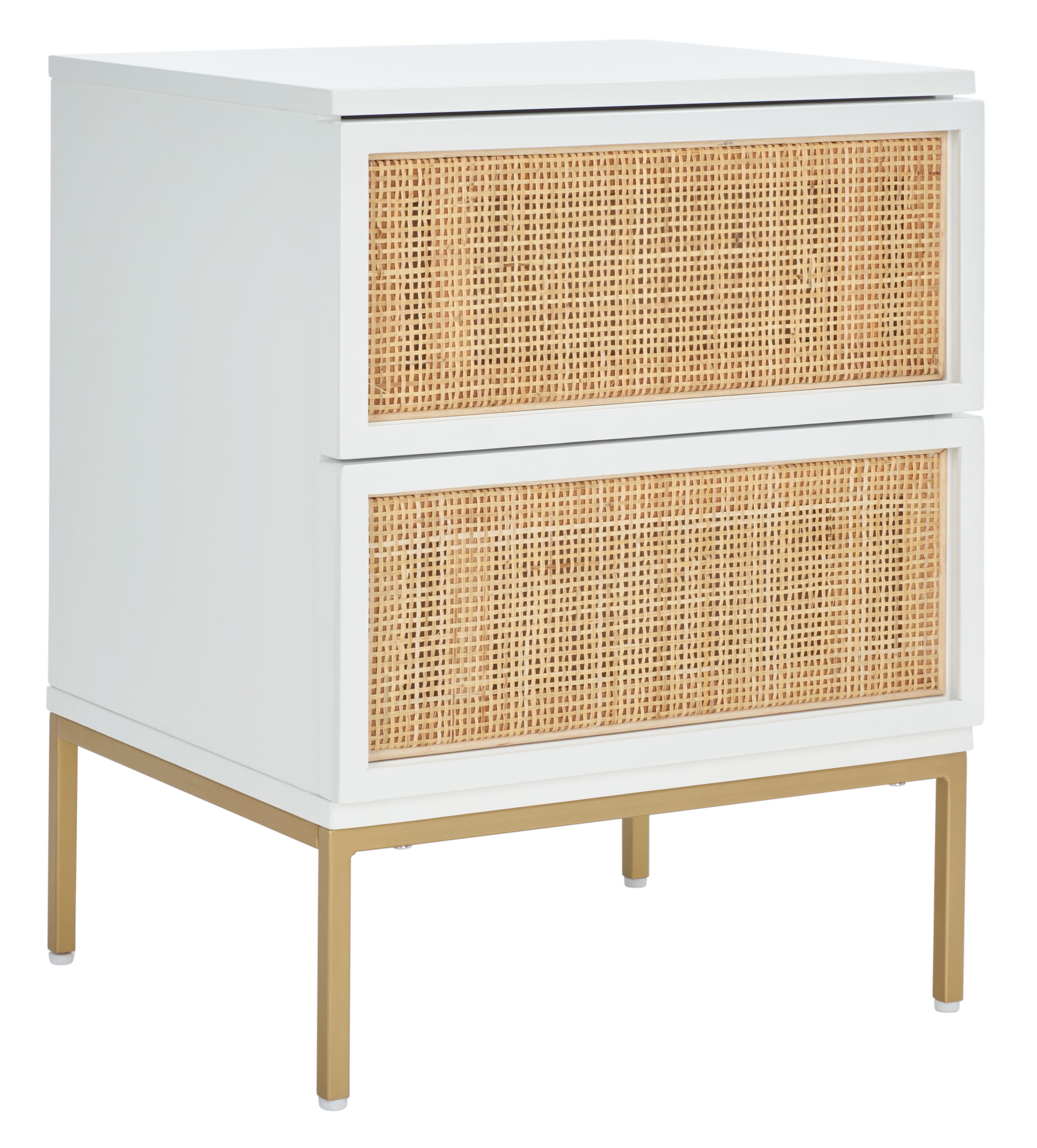 SAFAVIEH Zadie 2 Drawer Rattan Nightstand, White w/ Natural Rattan/Gold Legs