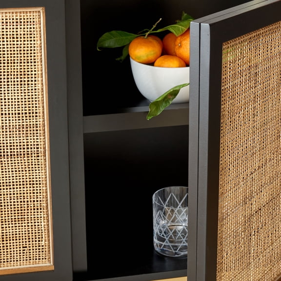 SAFAVIEH Zadie 2 Shelf Rattan Sideboard, Black With Natural Rattan/Gold Legs (54 in. W x 15 in. D x 33 in. H)