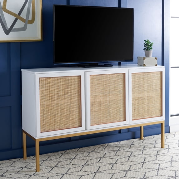 SAFAVIEH Zadie 2 Shelf Rattan Sideboard, White With Natural Rattan/Gold Legs (54 in. W x 15 in. D x 33 in. H)