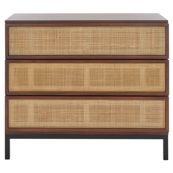 SAFAVIEH Zadie Coastal 3 Drawer Rattan Chest, Walnut/Natural (34 in. W x 18 in. D x 30 in. H)