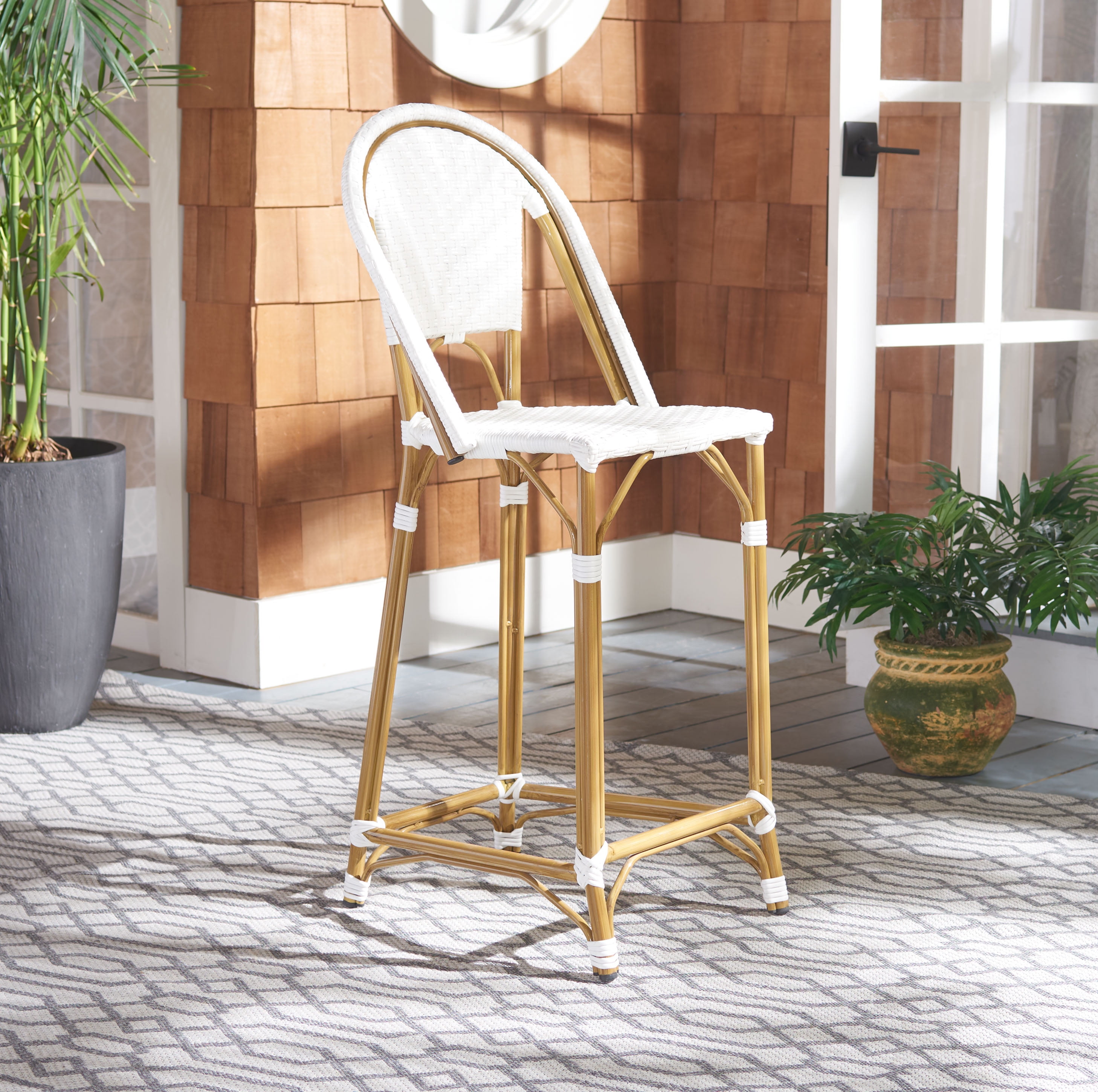 White Woven Metal and Wood Outdoor Bistro Chair