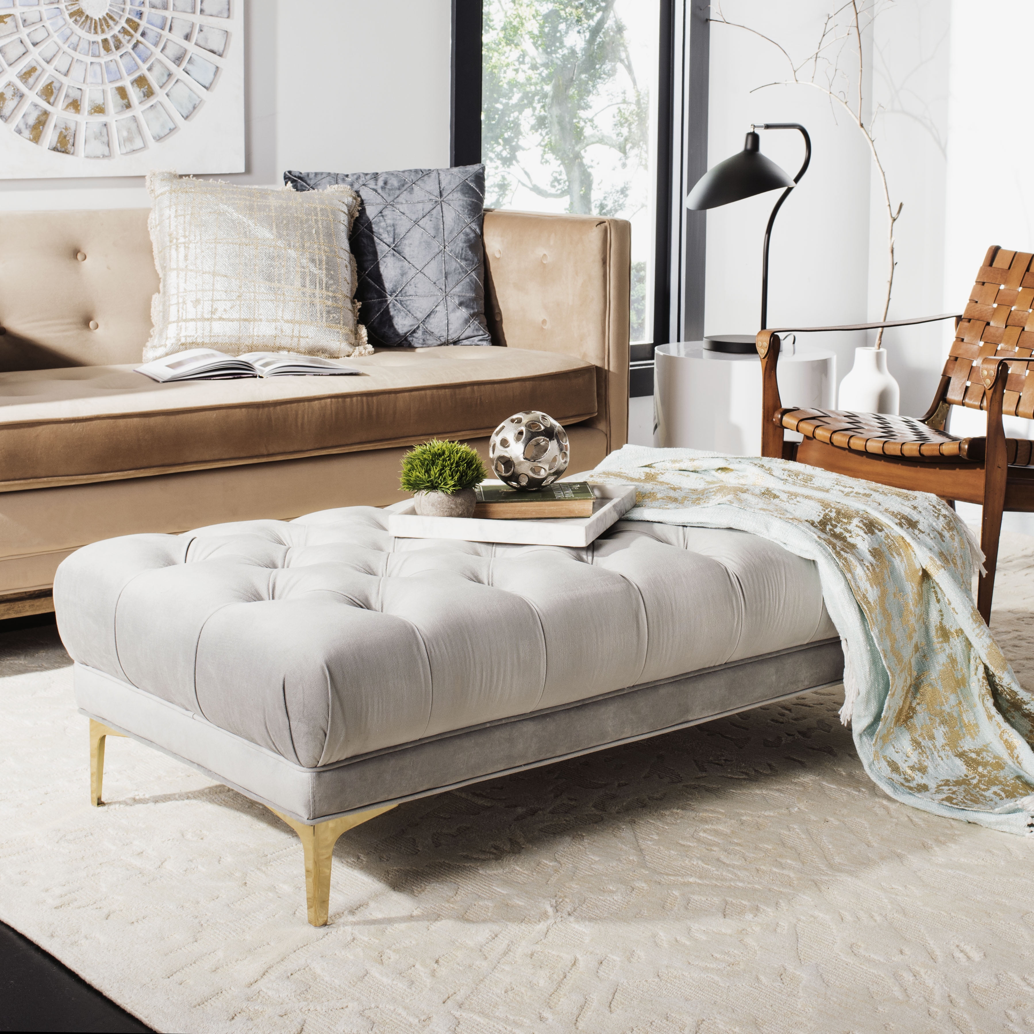 Luxurious Grey Velvet and Brass Tufted 54" Bench