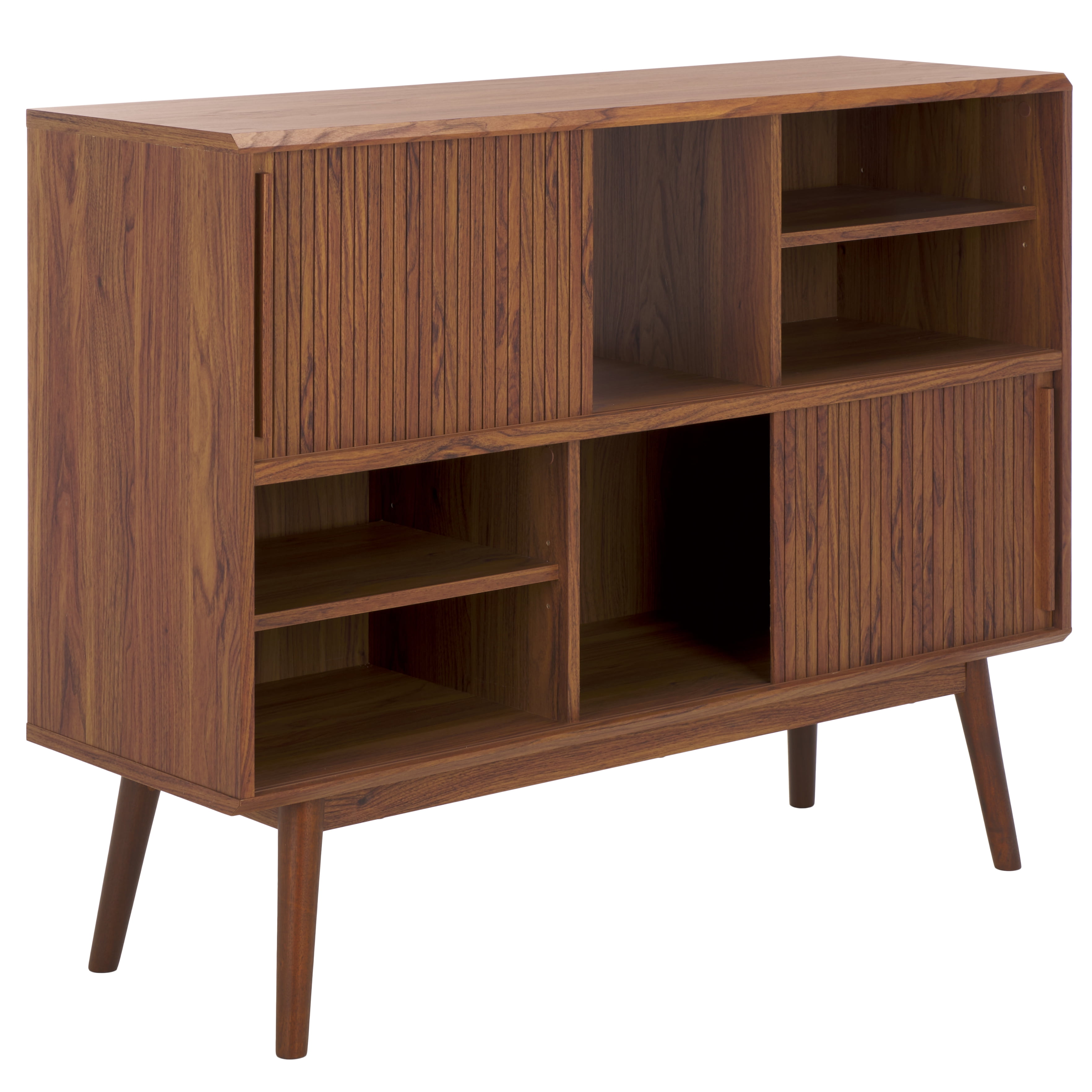 Walnut Brown Mid-Century Modern Sliding Door Media Stand