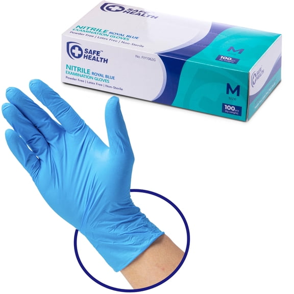 SAFE HEALTH Blue Nitrile Exam Gloves, 100-Count S M L XL, 3.5 Mil Free of Powder-Latex, Disposable-Textured, Clinic-Office-Daily, Medical, First-Aid, Clinics, Cooking, Cleaning, Puncture-Resistant