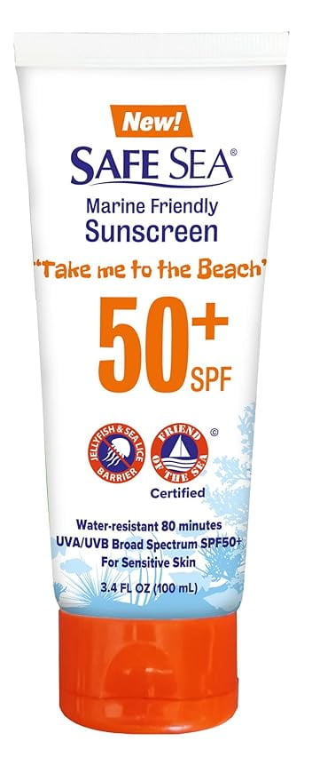 SAFE SEA Jellyfish Sting-Blocking Sunscreen, SPF 50+ travel Size Lotion, Waterproof, Anti-Jellyfish and Sea-Lice sting protection (Tube 3.4 oz)