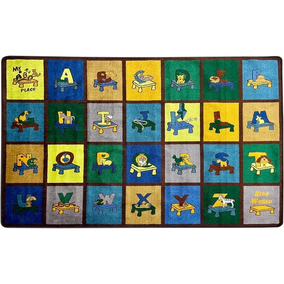 SAFECASTLE My ABC Place Earth Tone Alphabet Rug for Kids, 6'6" x 8'4", Educational Classroom Kids Carpet with Letters & Animals, Preschool Learning Area Rug for Daycare, Homeschool & Playroom