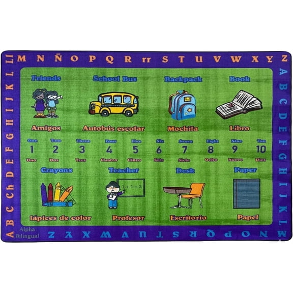 SAFECASTLE Alphabet Spanish Kids Educational Area Rug – 6'6" x 8'4" – Bilingual English & Spanish Learning Carpet with ABC Letters, Numbers & Classroom Objects – Classroom, Daycare & Preschool Rug