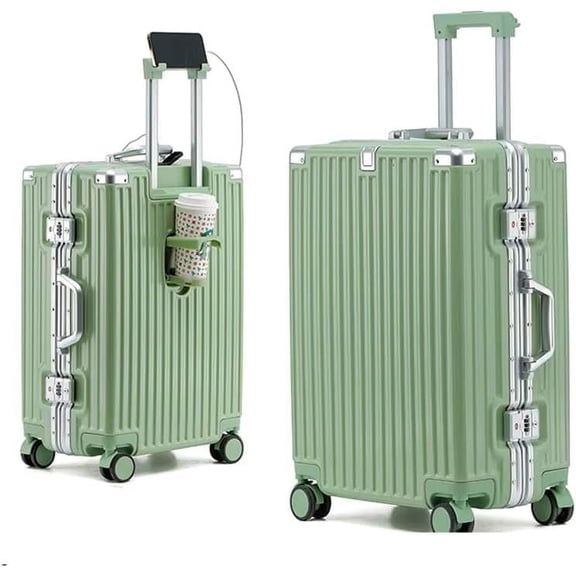 SAFECASTLE Aluminium Magnesium Alloy Luggage Green, 20-Inch Durable Hardshell Spinner Suitcase with Type-C USB Port, Cup Holder, Travel Makeup Bag and Protective Luggage Cover - Smart ABS Design