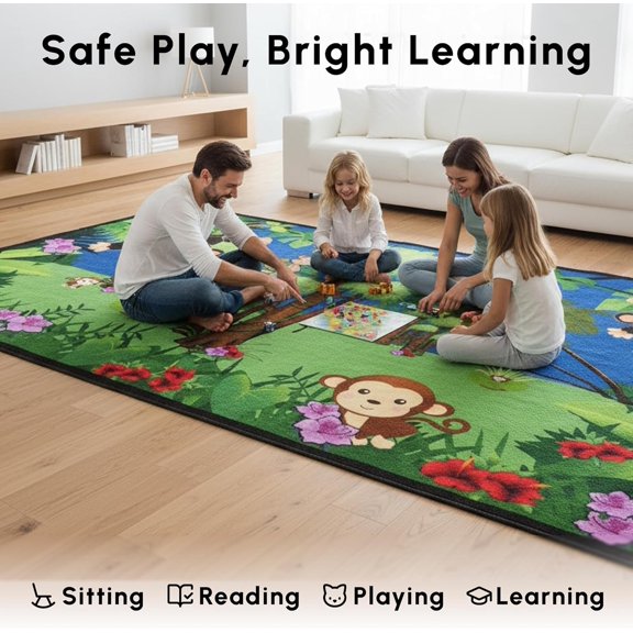 SAFECASTLE Kids Carpet Monkey Jungle Rug  Monkeying Around 44 x 56  Educational Play Rug with Monkeys, Flowers & Trees  Fun Area Rug for Playrooms & Classrooms  Durable Nylon Seating Carpet