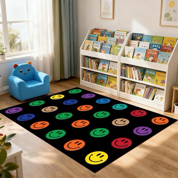 SAFECASTLE Rainbow Smileys Kids Classroom Rug 7'6" x 12' Large Educational Seating Carpet with 24 Spots, Colorful Smiley Faces Circle Time Rug, Non-Slip Durable Playroom Rug for Preschool, Day Care