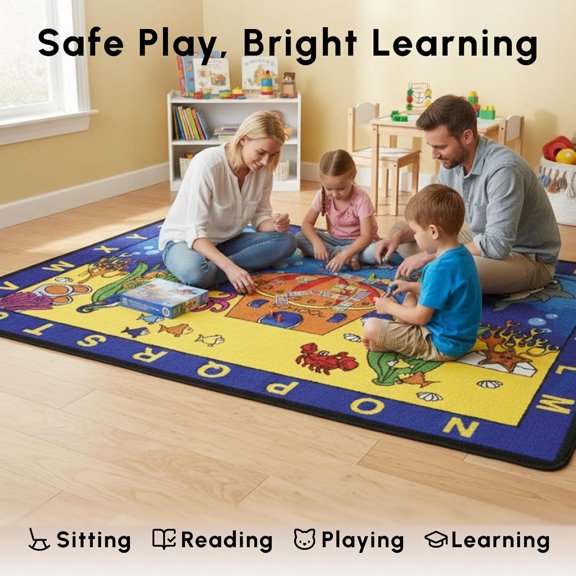 SAFECASTLE See The Sea Kids Educational Area Rug 6'6" x 8'4"  Ocean Theme Classroom Carpet with ABC Alphabet & Numbers Border, Durable Learning Rug for Preschool, Daycare, Nursery & Playroom