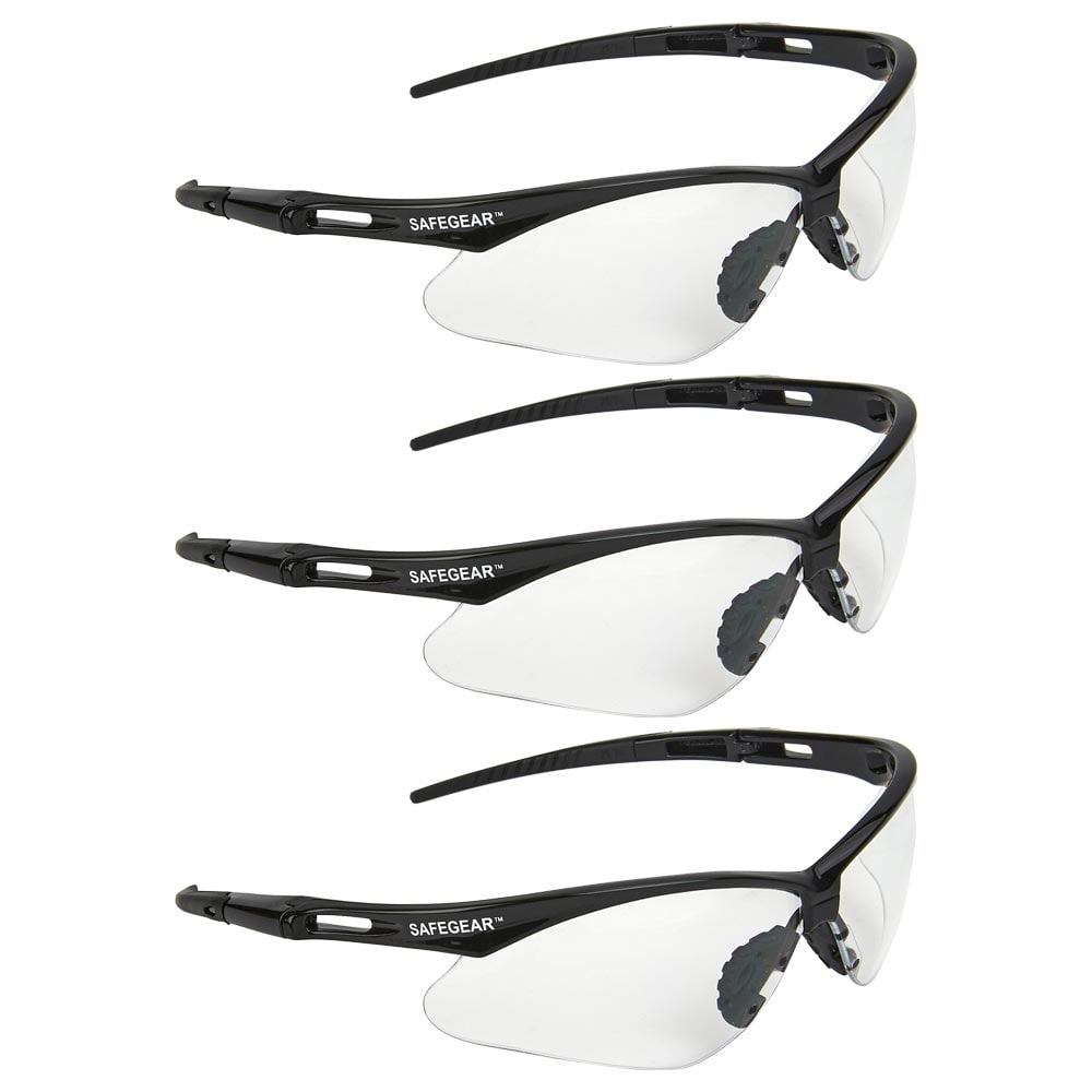 SAFEGEAR Clear Safety Glasses 3-pk. - Anti-Fog & Anti-Scratch Safety Glasses for Men & Women, Black Frame & Black Rubber Ends for Comfort Around Ears - ANSI Z87.1 Compliant, UV Protection, Lightweight