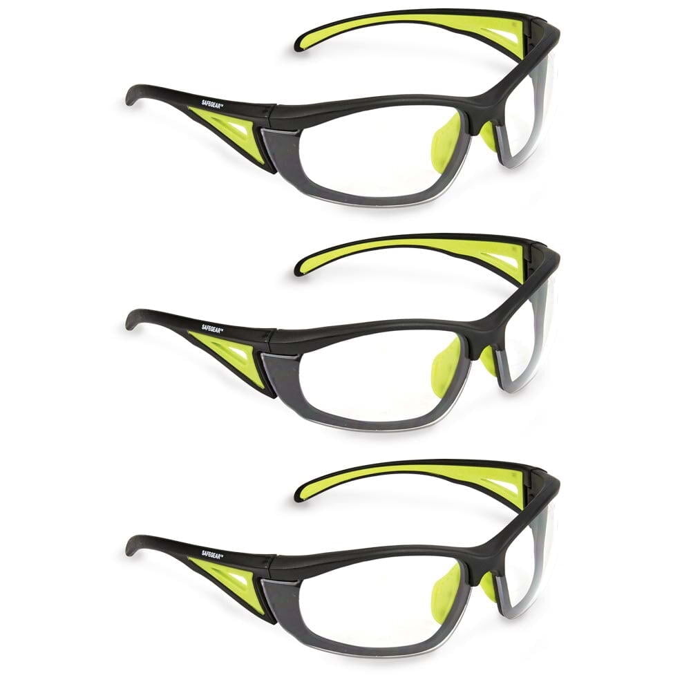 SAFEGEAR Clear Safety Glasses 3-pk. - Anti-Fog & Anti-Scratch Safety Glasses for Men & Women, Black & Lime Frame - ANSI Z87.1 Compliant