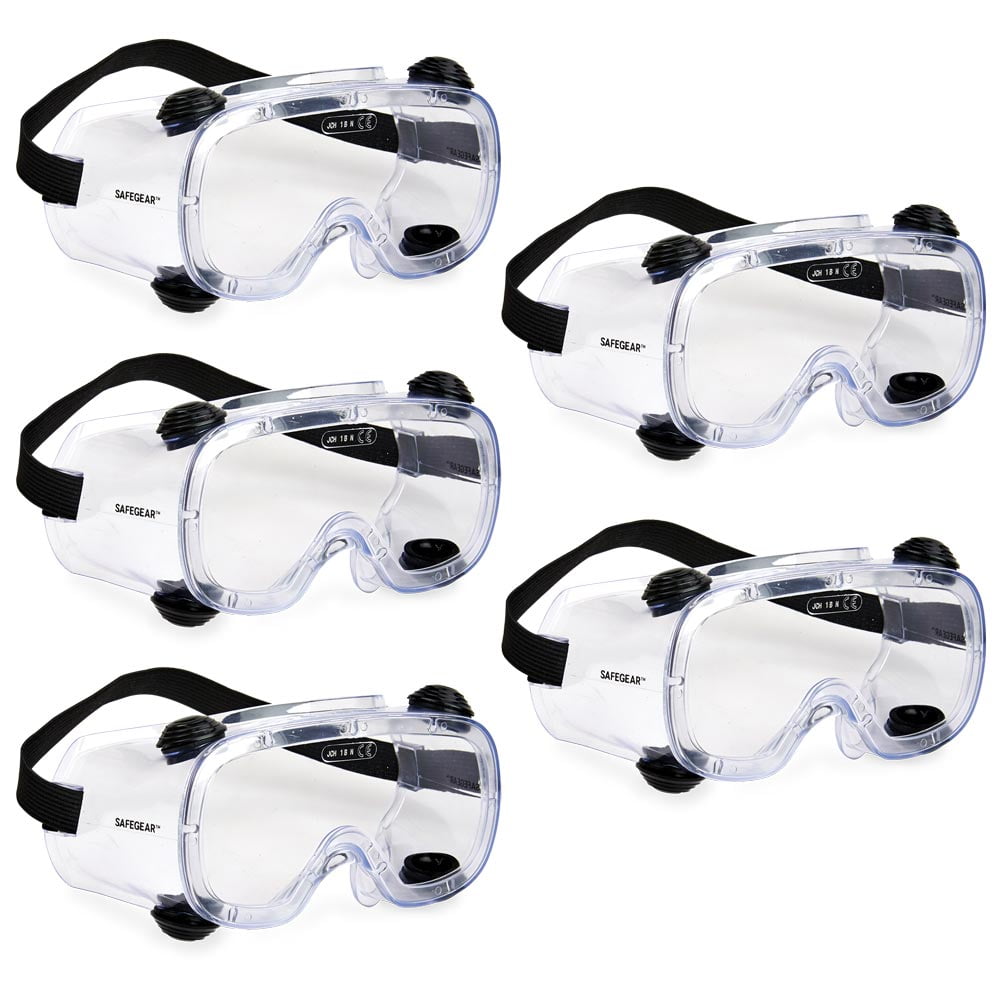 SAFEGEAR Indirect Vent Safety Goggles 5-pk. - Anti-Fog & Anti-Scratch Safety Glasses for Men & Women, Clear Frame, Adjustable Strap - ANSI Z87.1 Compliant, Lightweight, Comfortable