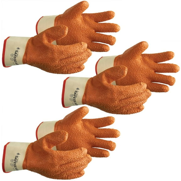SAFEGEAR PVC Vinyl Work Gloves X-Large, 3 Pairs - EN388 Cut-Resistant Orange Textured Gloves for Men and Women, Oil & Grease Resistance