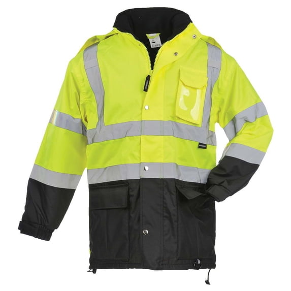 SAFEGEAR Type R Class 3 Parka Jacket with Hood & Pockets - 5XL - Polyester Fleece, Lime Green/Yellow & Black, High Visibility Jackets for Men or Women - ANSI/ISEA Compliant