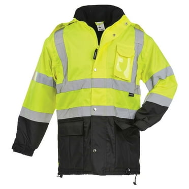 SAFEGEAR Type R Class 3 Parka Jacket with Hood & Pockets - Large - Polyester Fleece, Lime Green/Yellow & Black, High Visibility Jackets for Men or Women - ANSI/ISEA Compliant - J. J. Keller