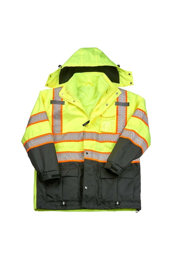 SAFEGEAR Type R Class 3 Parka Jacket with Pockets - 2XL - Removable Polyester Fleece Liner & Hood, Lime Green & Black, High Visibility Jackets for Men or Women - ANSI/ISEA Compliant